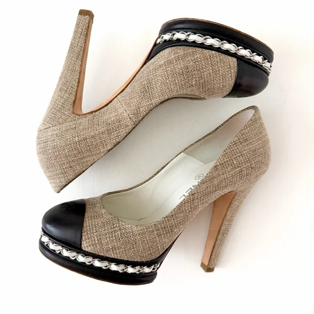 CHANEL | Beige Tweed & Black Cap Toe Platform Pumps with Chain Detail EU 37
